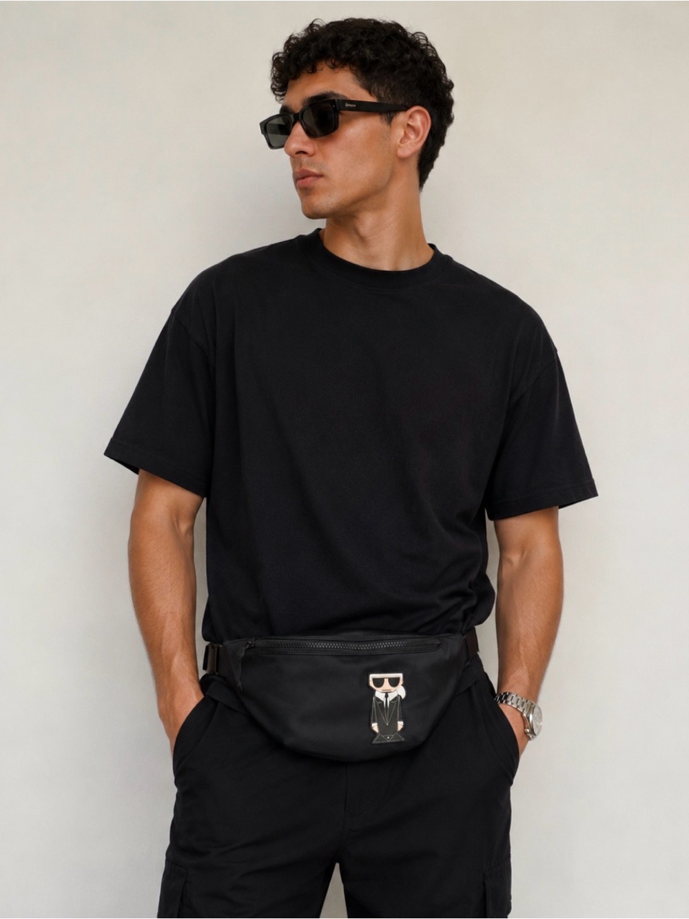 Karl Lagerfeld Black Logo Patch Belt Bag Fanny Pack with Signature Character